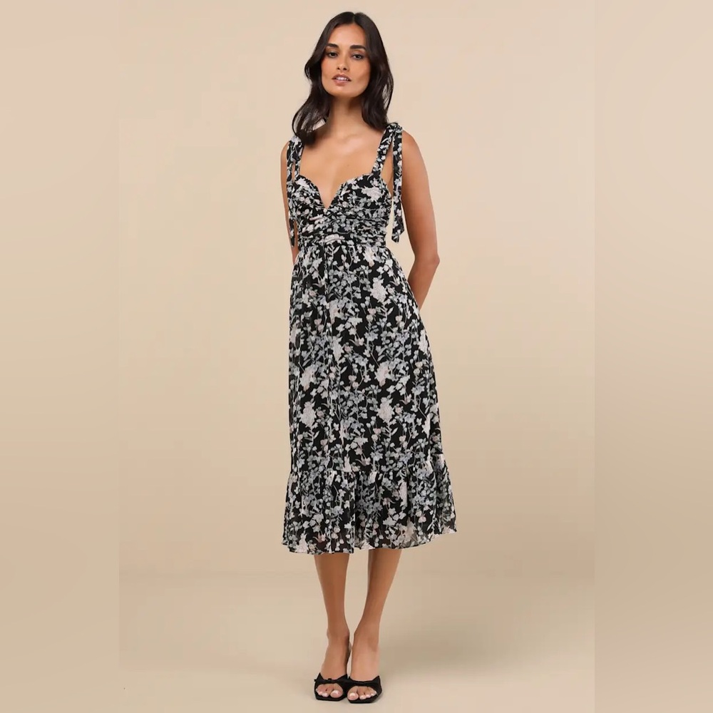 Lulu’s Black Floral Tie-Strap Midi Dress A-Line Lurex Wedding Guest size L